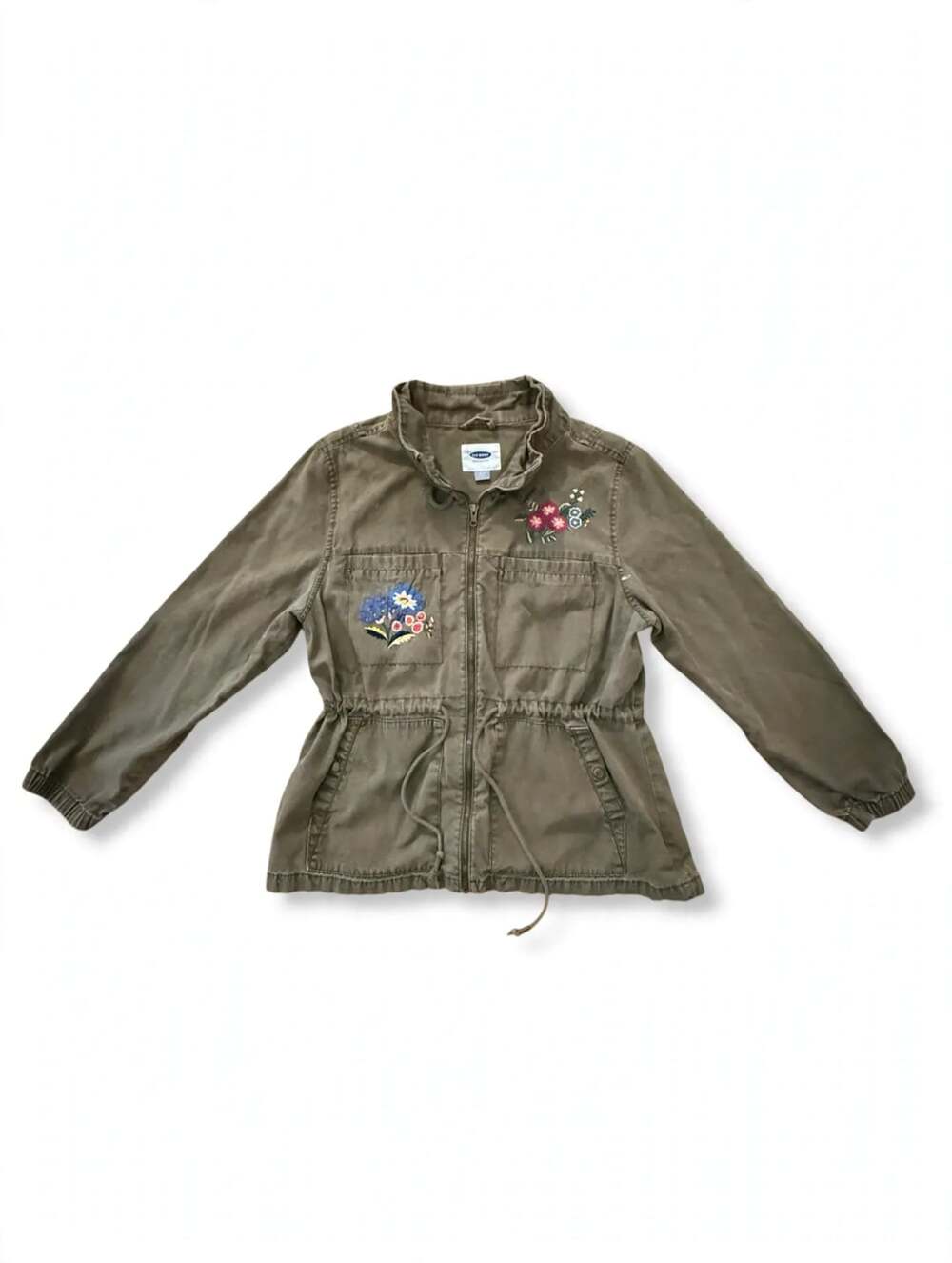 Old Navy Womens Utility Jacket XL Olive Green Floral Embroidered Zip